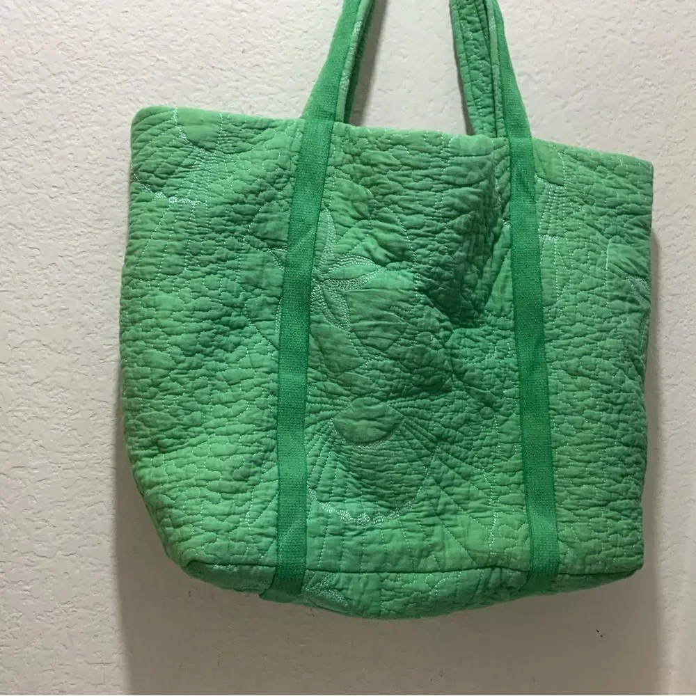Large Quilted floral open tote bag green white stitches